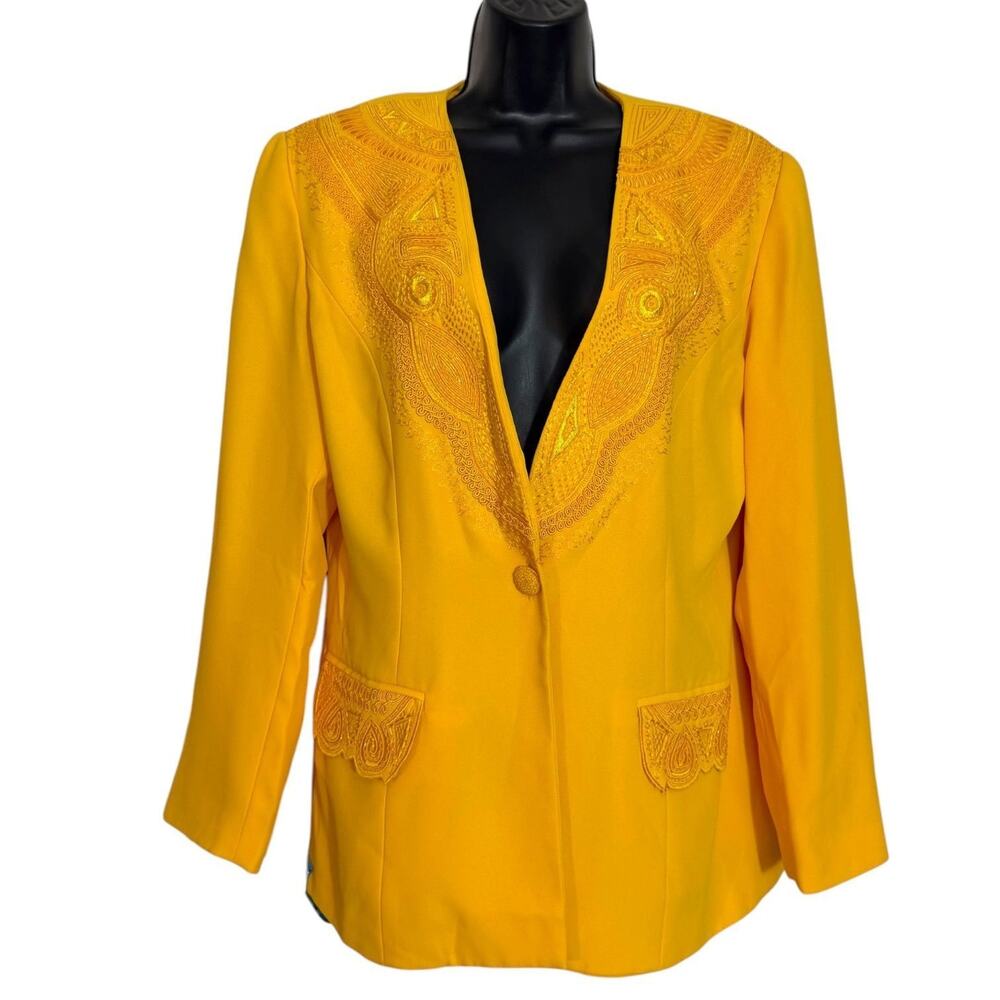 VINTAGE 1990s KATHERINE BISHOP RETRO YELLOW BEADED EMBROIDERED BLAZER SIZE 16